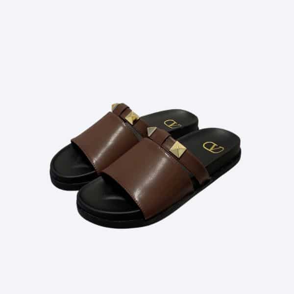 VALENTINO ROCKSTUD BROWN SLIDE SANDALS