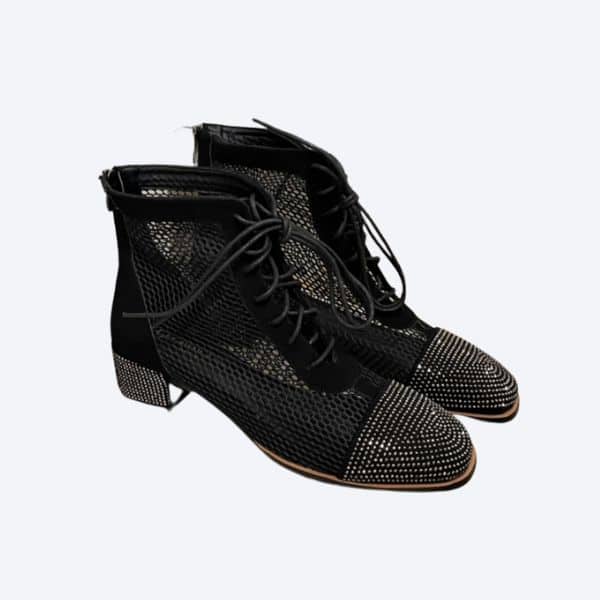 DIOR MESH FABRIC MIDDLE HEEL BOOTS BLACK