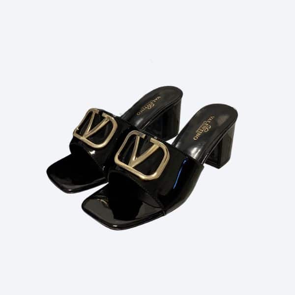 VALENTINO VLOGO SIGNATURE SQUARE TOE MIDDLE HEEL BLACK SLIDE SANDAL