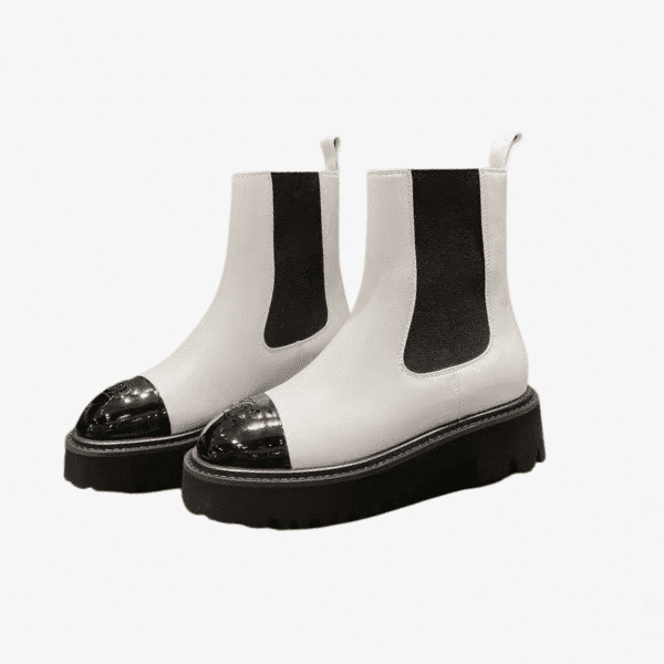CHANEL CALFSKIN LEATHER CC COMBAT ANKLE BOOTS WHITE