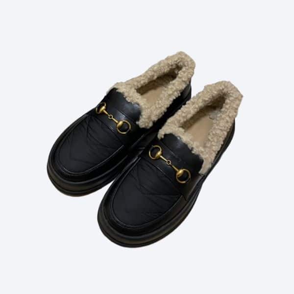 GUCCI FLEECE COLLAR BLACK LOAFERS