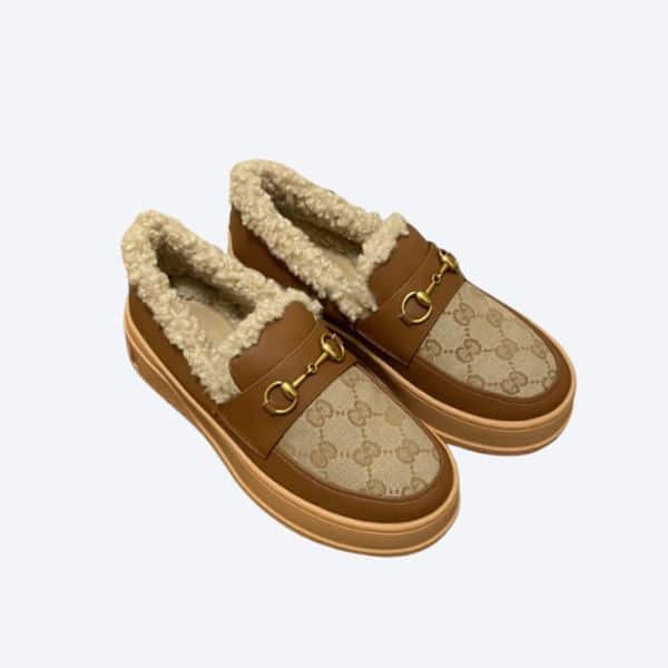 GUCCI FLEECE COLLAR LOAFERS GG BEIGE AND BROWN LEATHER