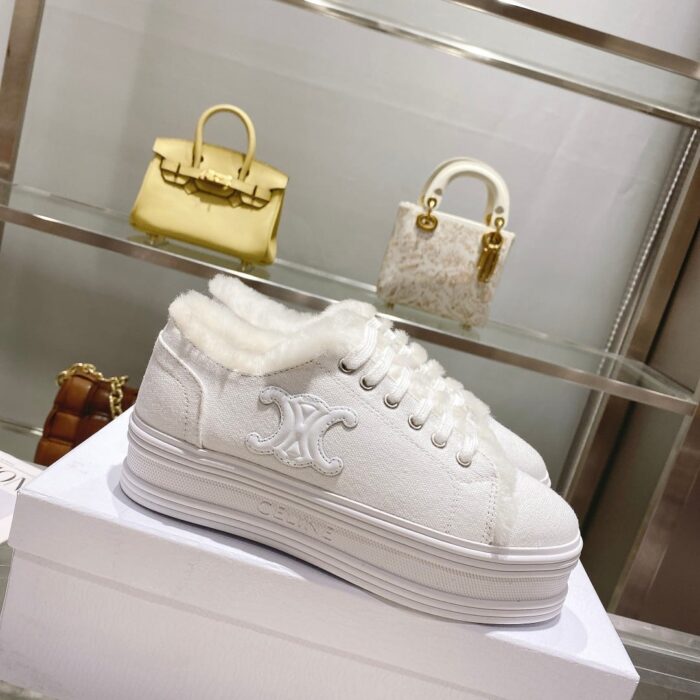 Alternative view of CELINE JANE LOW LACE-UP SNEAKER WITH TRIOMPHE PATCH IN CANVAS AND FLEECE WHITE