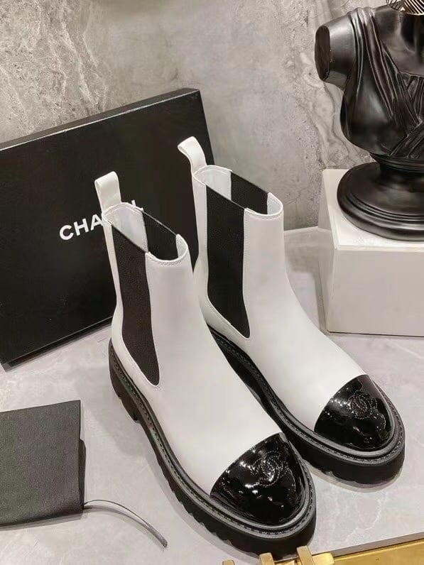 Alternative view of CHANEL CALFSKIN LEATHER CC COMBAT ANKLE BOOTS WHITE