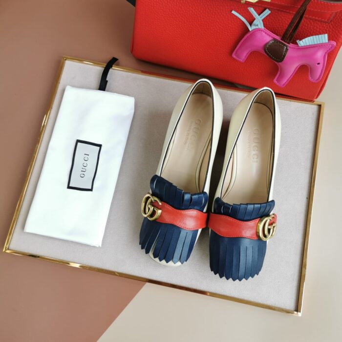 Alternative view of GUCCI MARMONT FRINGED LOAFER MID HEEL WHITE BLUE LEATHER 408208 C9DN0 9574