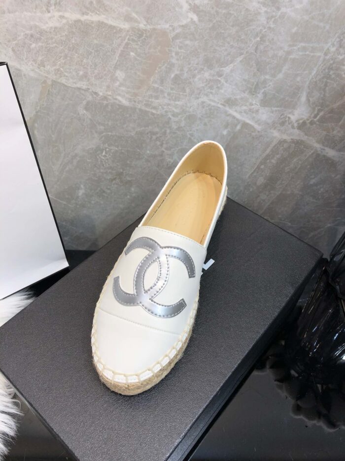 Alternative view of CHANEL EMBROIDERED ESPADRILLE LEATHER CAP TOE FLATS WHITE GREY LOGO CC