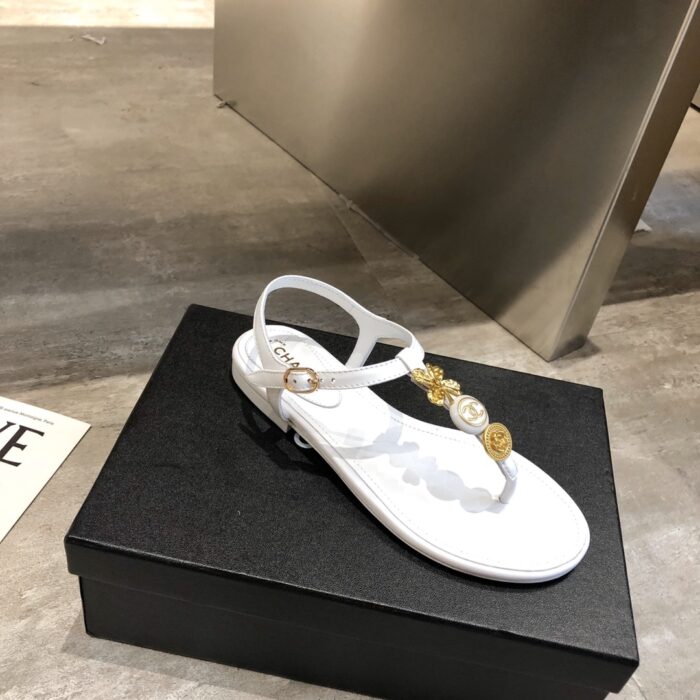 Alternative view of CHANEL CAMELLIA THONGS SANDALS WITH GOLD LEAF CLOVER WHITE