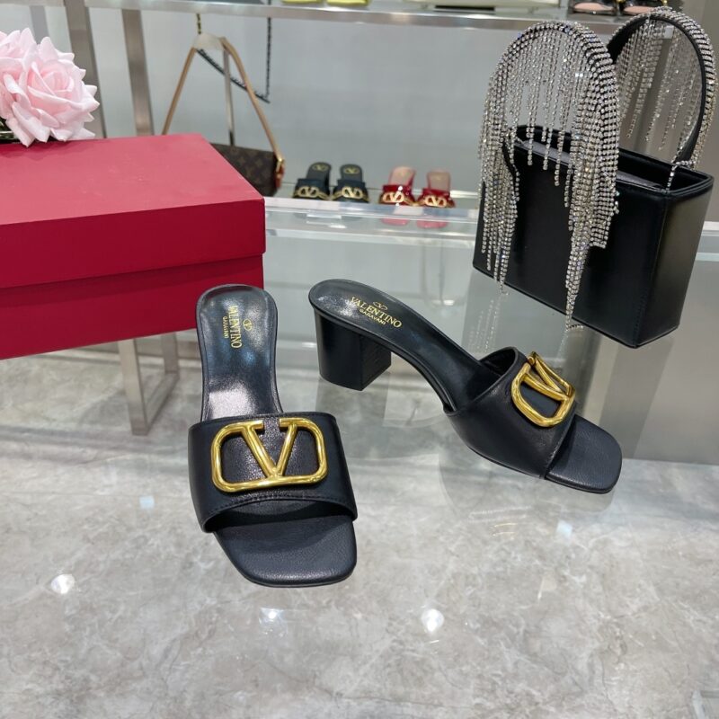 Alternative view of VALENTINO VLOGO SIGNATURE SQUARE TOE MIDDLE HEEL BLACK LEATHER SLIDE SANDAL