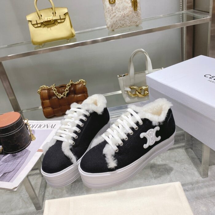 Alternative view of CELINE JANE LOW LACE-UP SNEAKER WITH TRIOMPHE PATCH IN CANVAS AND FLEECE BLACK