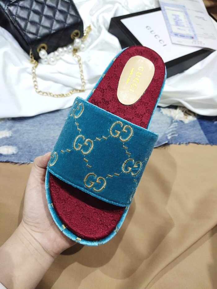 Alternative view of GUCCI WOMEN'S WITH GG PATTERN SLIDE SANDAL BLUE