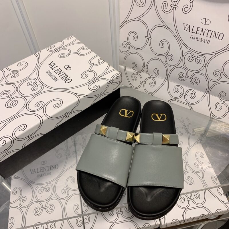 Alternative view of VALENTINO ROCKSTUD GREY SLIDE SANDALS