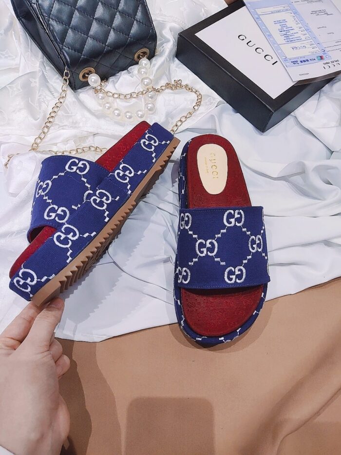 Alternative view of GUCCI WOMEN'S WITH GG PATTERN SLIDE SANDAL DARK BLUE