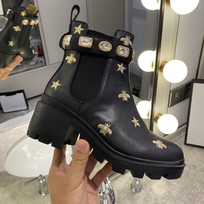 Alternative view of GUCCI EMBROIDERED LEATHER ANKLE BOOT WITH BELT BLACK