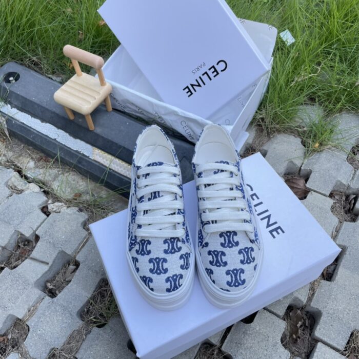 Alternative view of CELINE JANE LOW LACE-UP SNEAKER IN LOGO CANVAS WHITE AND BLUE