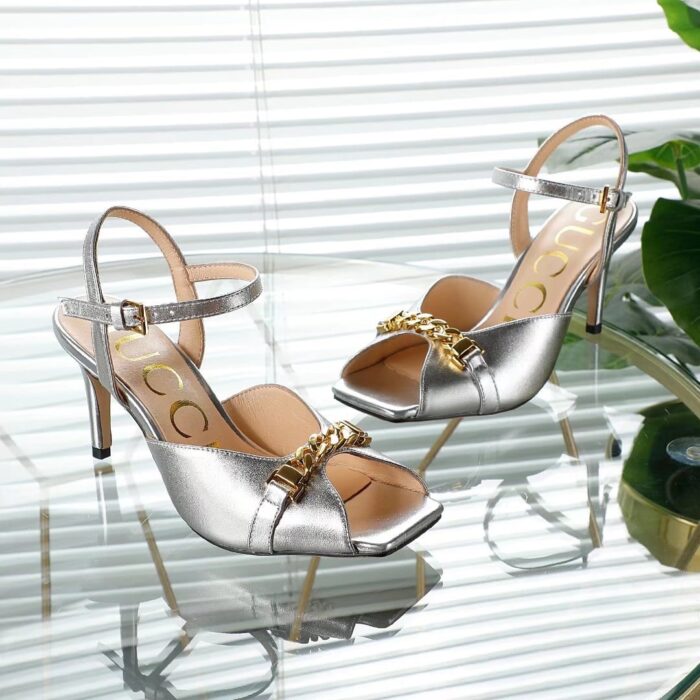 Alternative view of GUCCI METAL CHAIN STILETTO HEELS FLIP FLOP FISH MOUTH SANDALS SLIVER