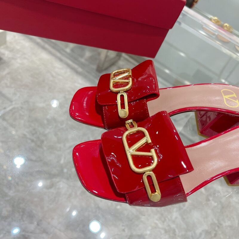 Alternative view of VALENTINO VLOGO SIGNATURE SQUARE TOE MIDDLE HEEL SHINY RED SLIDE SANDAL