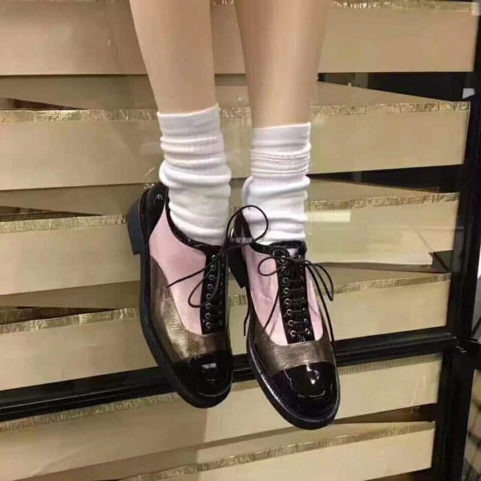 Alternative view of CHANEL CRUMPLED PATENT CC LACE UP PINK GOLD BLACK