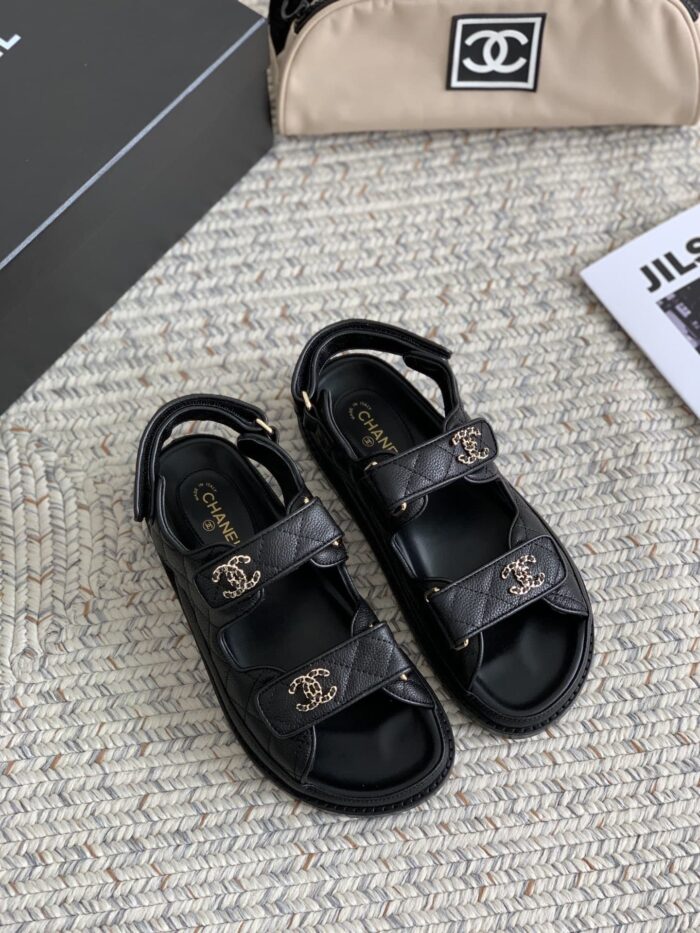 Alternative view of CHANEL CC BUTTON VELCRO BLACK SANDALS GRAINED CALFSKIN LEATHER