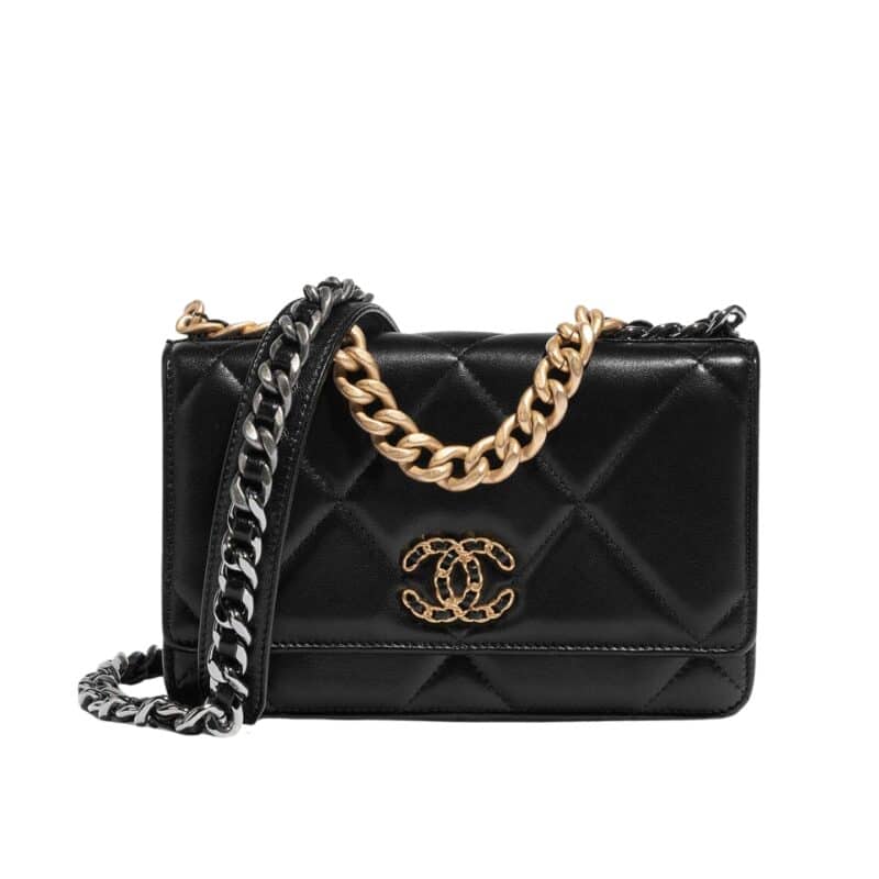 CHANEL 19 WALLET ON CHAIN BAG SHINY GOLD AND SILVER TONE BLACK 19CM AP3267 B04852 94305
