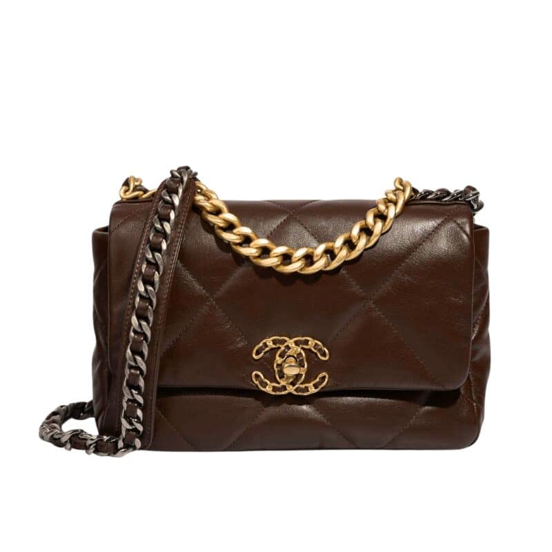 CHANEL 19 FLAP BAG SHINY GOLD AND SILVER TONE BROWN 20CM