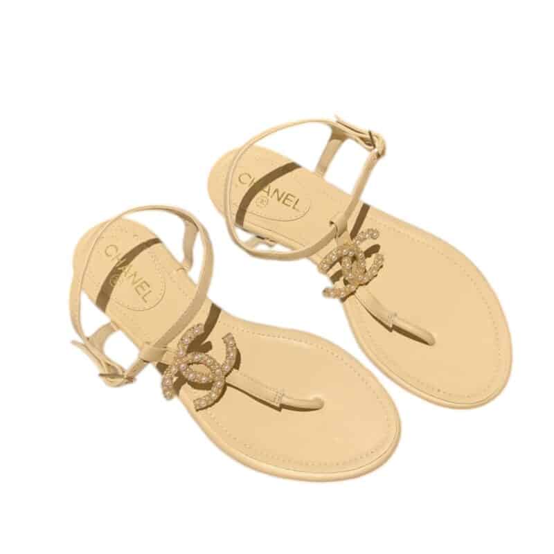CHANEL GOLD PEARL CC LOGO THONG SANDALS BEIGE