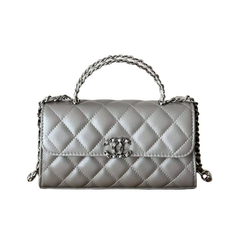 CHANEL 23P CLUTCH WITH CHAIN BAG WITH TOP HANDLE SILVER 18CM