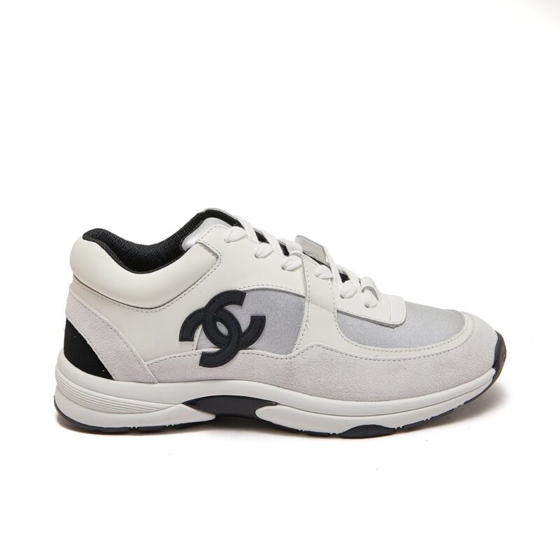 CHANEL SUEDE AND LEATHER CC LOW TOP SNEAKERS WHITE BLACK