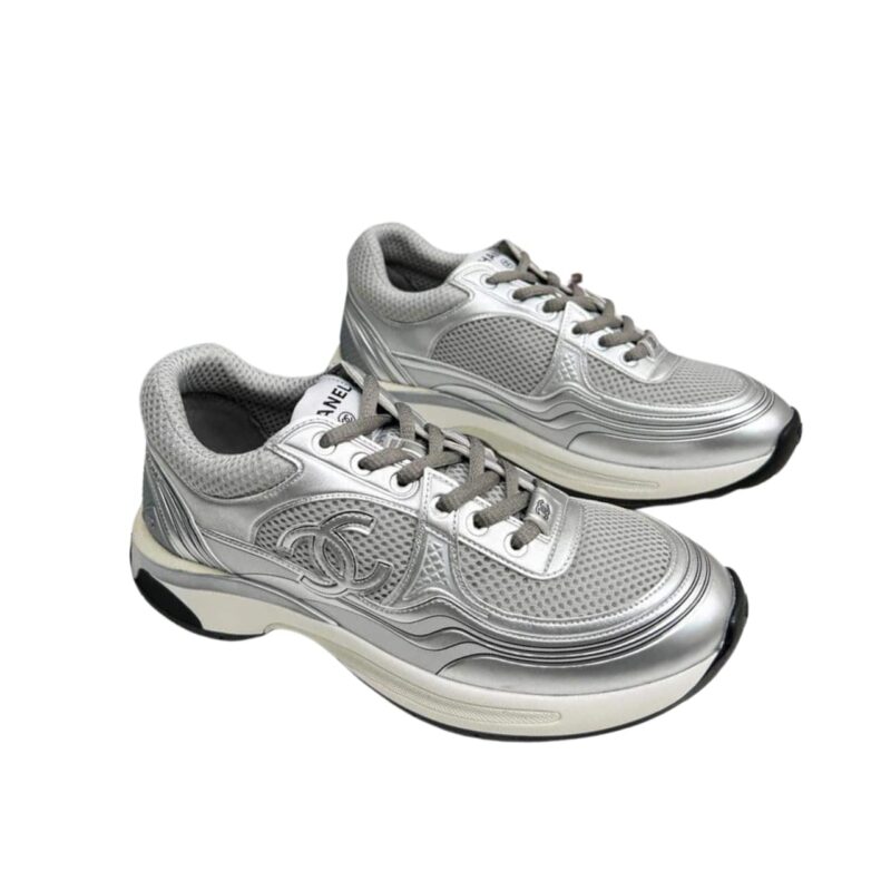 CHANEL 23C SILVER METALLIC CC LOGO LACE UP FLAT RUNNER TRAINER SNEAKER GRAY