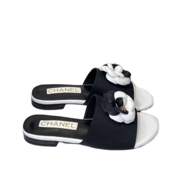 CHANEL CAMELLIA SLIDES BLACK WHITE