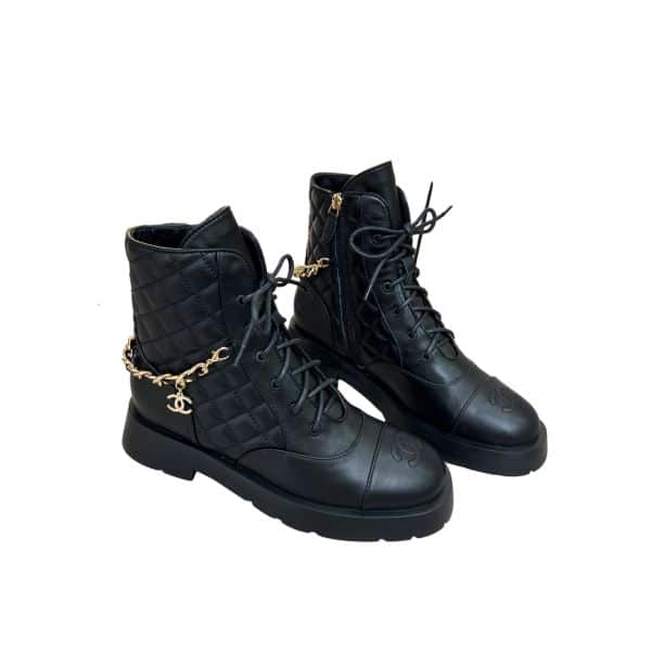 CHANEL QUILTED CHAIN LACE UP COMBAT BOOTS BLACK
