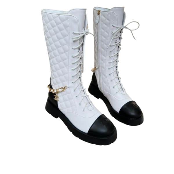 CHANEL QUILTED CHAIN LACE UP COMBAT LONG BOOTS WHITE