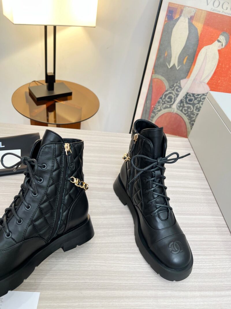 Alternative view of CHANEL QUILTED CHAIN LACE UP COMBAT BOOTS BLACK