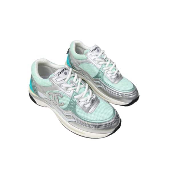 CHANEL 23C SILVER METALLIC CC LOGO LACE UP FLAT RUNNER TRAINER SNEAKER TURQUOISE