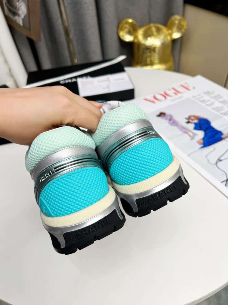 Alternative view of CHANEL 23C SILVER METALLIC CC LOGO LACE UP FLAT RUNNER TRAINER SNEAKER TURQUOISE