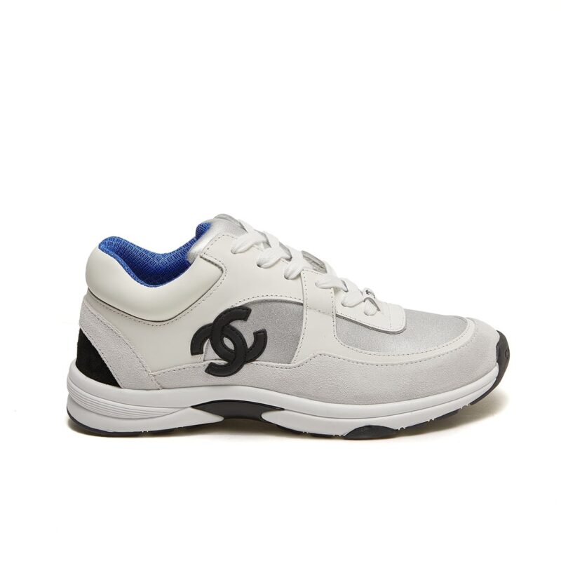 CHANEL SUEDE AND LEATHER CC LOW TOP SNEAKERS WHITE BLUE