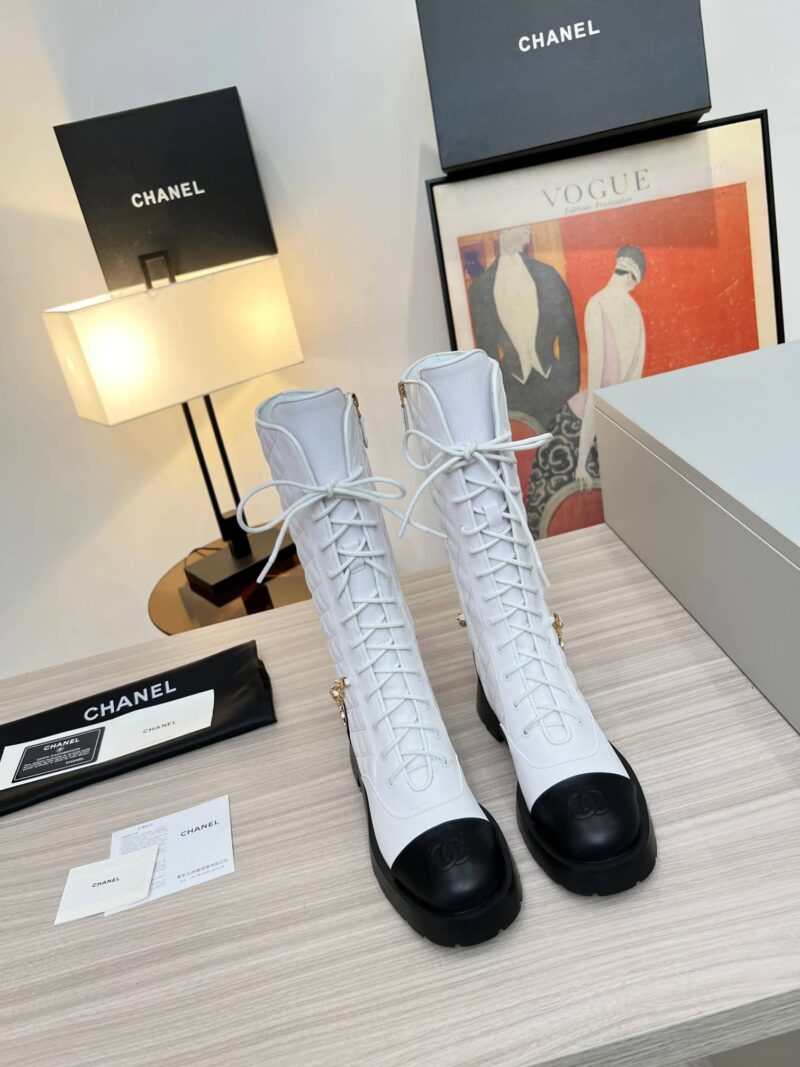 Alternative view of CHANEL QUILTED CHAIN LACE UP COMBAT LONG BOOTS WHITE