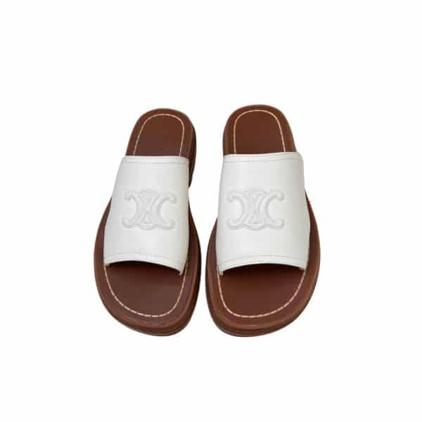 CELINE CLEA TRIOMPHE SLIDE IN VEGITABLE TAN WHITE