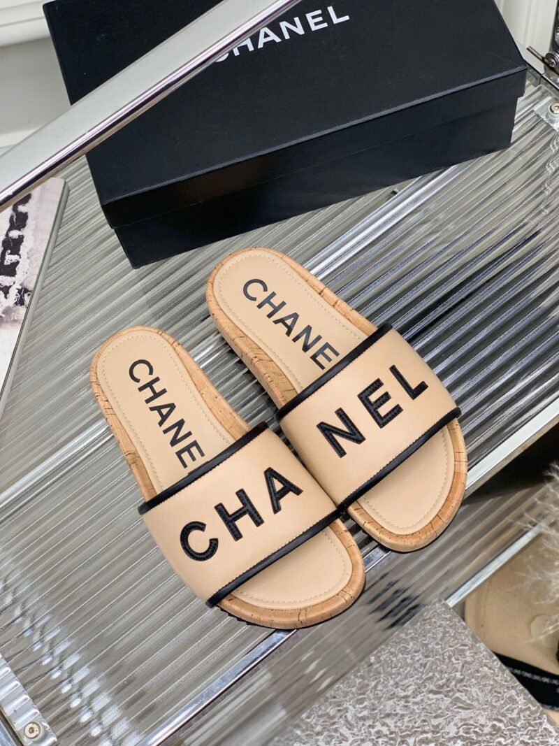 Alternative view of CHANEL LEATHER LOGO CORK SLIDE SANDALS BEIGE