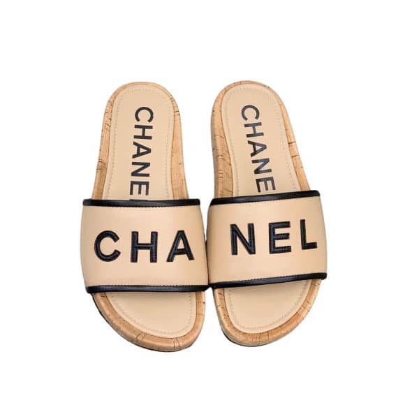 CHANEL LEATHER LOGO CORK SLIDE SANDALS BEIGE