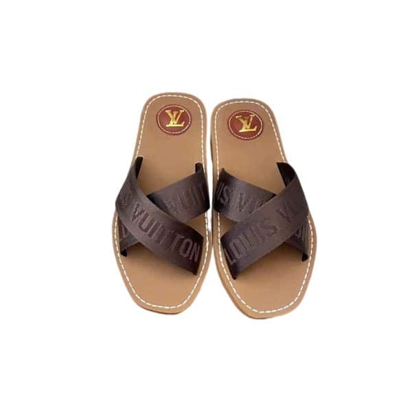 LOUIS VUITTON CROSS STRAP FLAT SLIDES BROWN