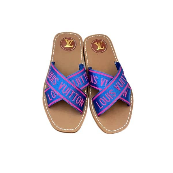 LOUIS VUITTON CROSS STRAP FLAT SLIDES BLUE