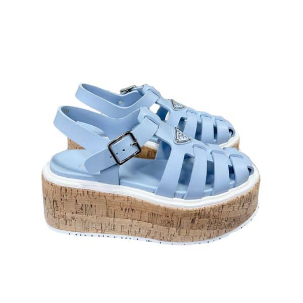 PRADA RUBBER WEDGE PLATFORM SANDALS LIGHT BLUE
