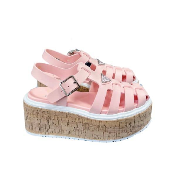 PRADA RUBBER WEDGE PLATFORM SANDALS LIGHT PINK