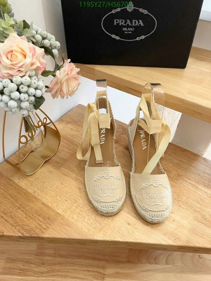 Alternative view of PRADA LINEN ESPADRILLE WEDGE SANDALS BEIGE