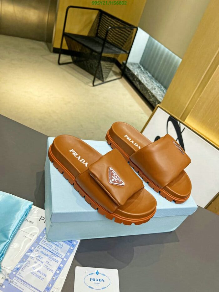 Alternative view of PRADA SOFT PADDED NAPPA LEATHER SLIDES BROWN