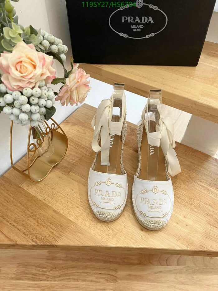 Alternative view of PRADA LINEN ESPADRILLE WEDGE SANDALS WHITE