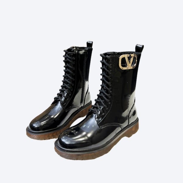VALENTINO VLOGO SHINY BLACK SHORT BIKER BOOTS