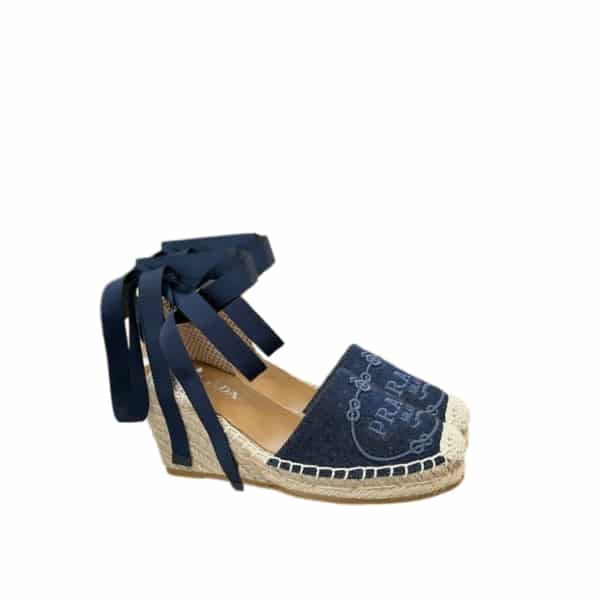 PRADA LINEN ESPADRILLE WEDGE SANDALS BLUE