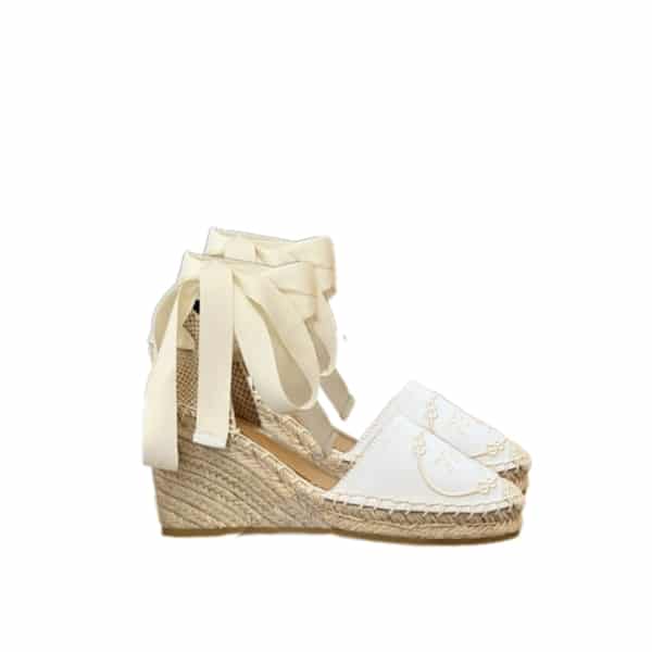 PRADA LINEN ESPADRILLE WEDGE SANDALS WHITE