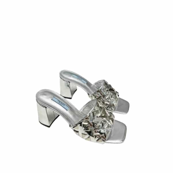 PRADA STUDDED METALLIC LEATHER MULES SILVER